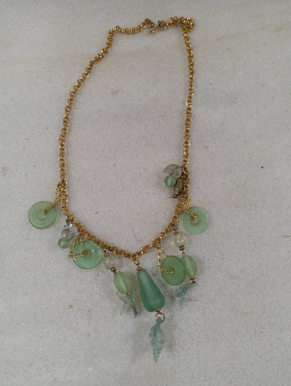 Aqua Colored Glass Shells Beads Gold Tone Necklace Beachy Roxsann
